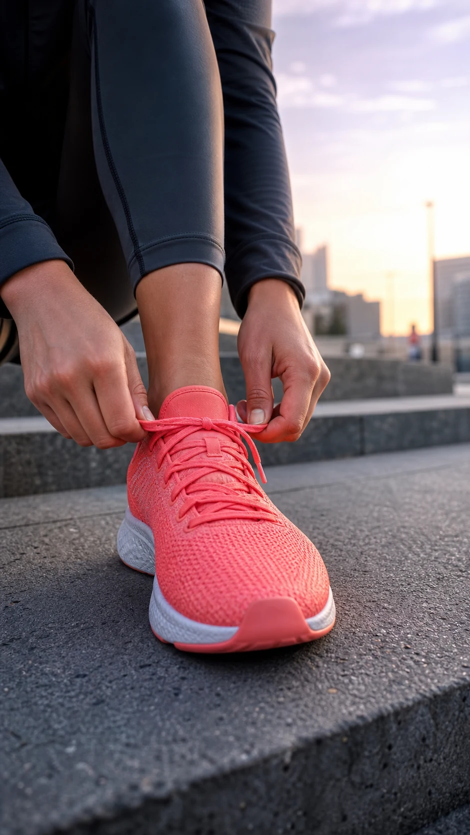 Runner tying an unbranded coral shoe on modern city steps