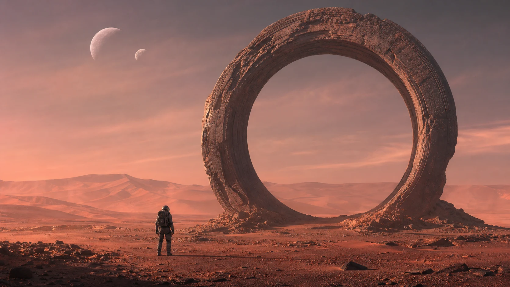 Lone explorer facing a monumental stone ring in a red alien desert