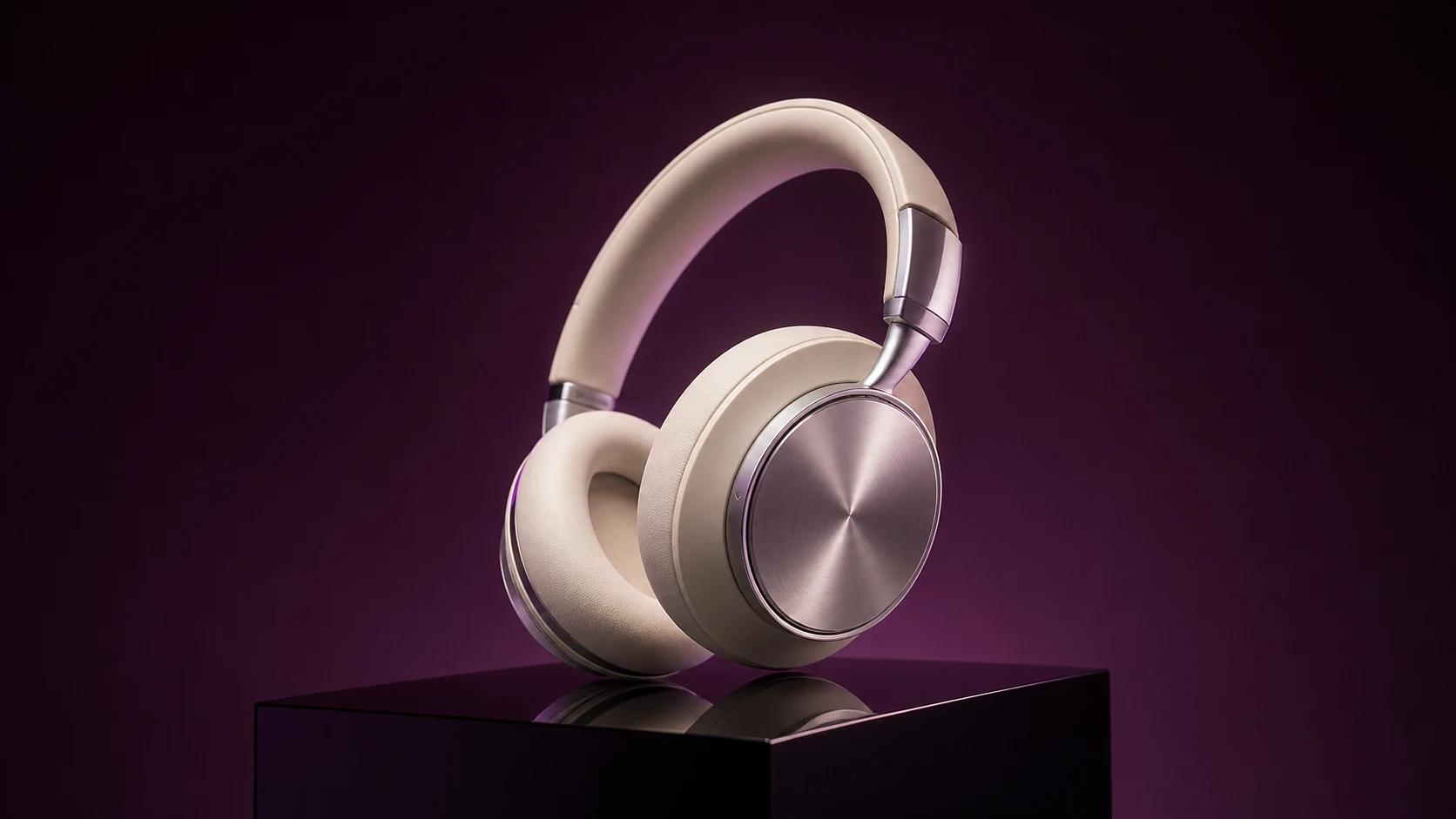 Cream and metal over-ear headphones on a dark plum studio plinth