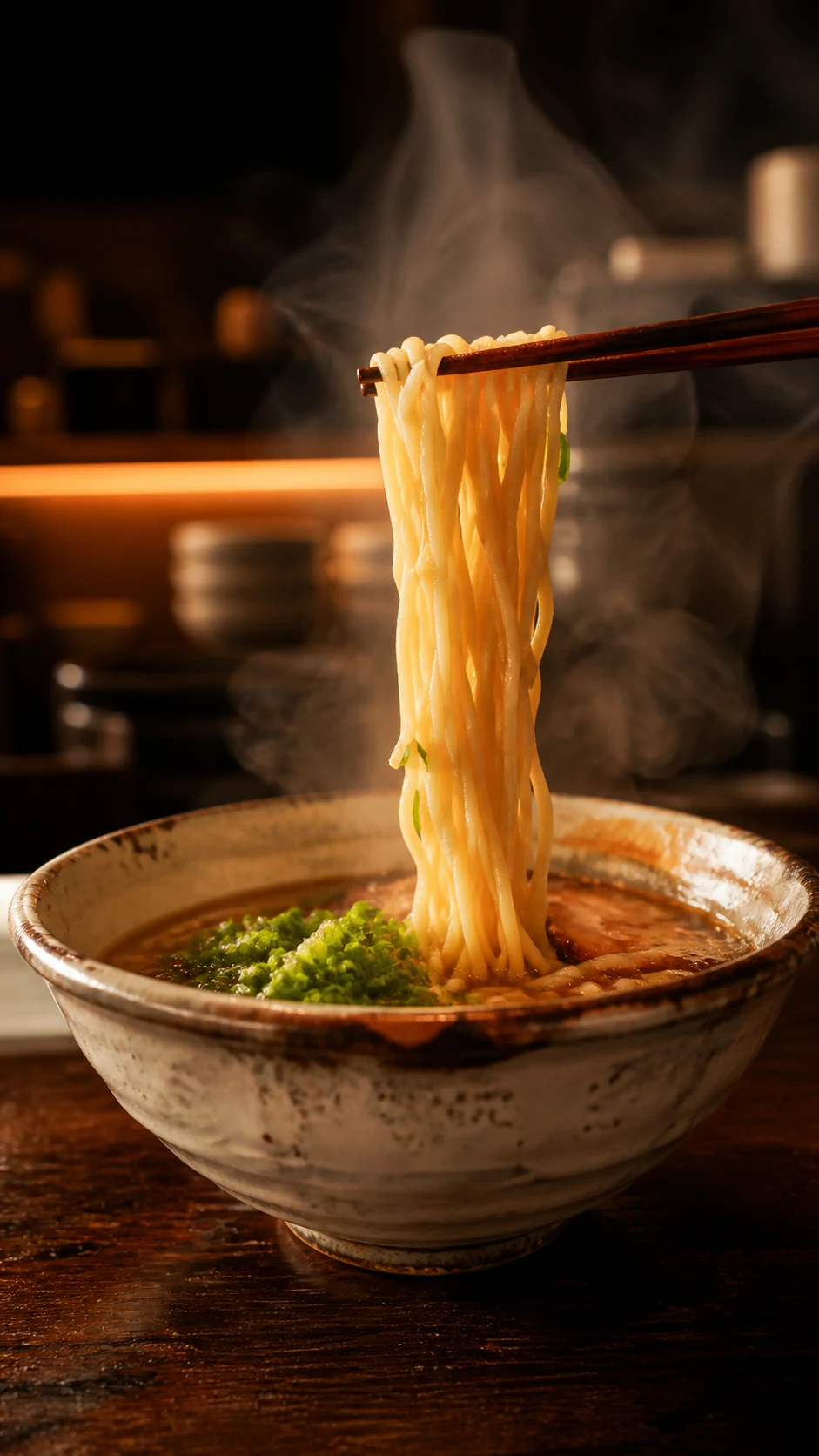 Glossy ramen noodles lifted above a steaming ceramic bowl