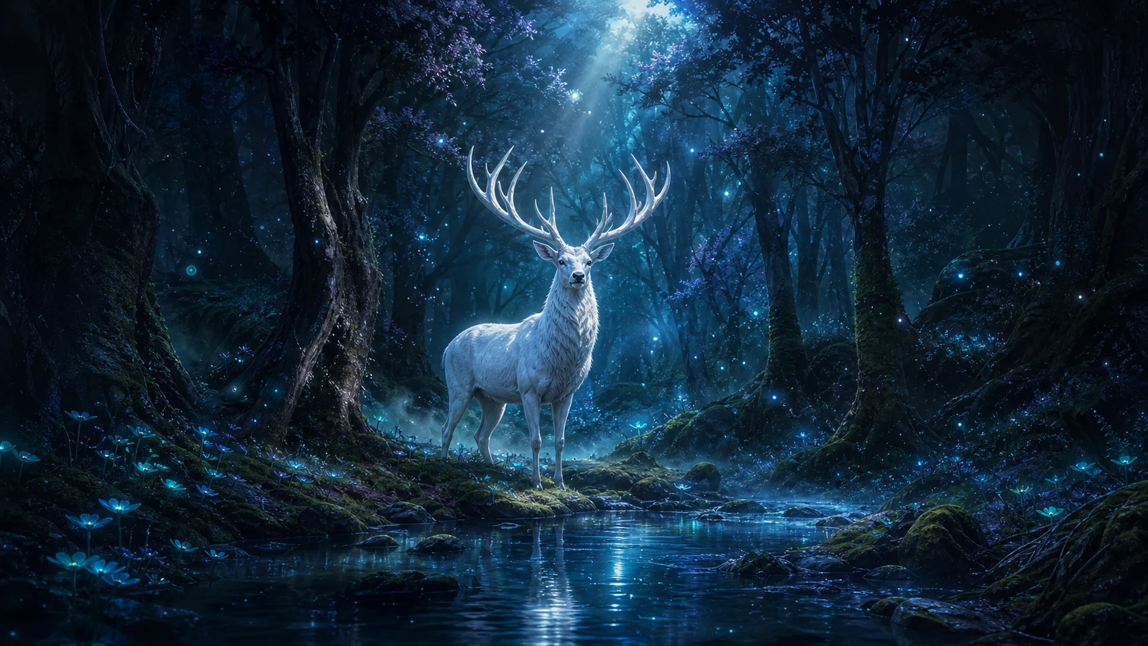 White stag standing by a glowing stream in a moonlit forest